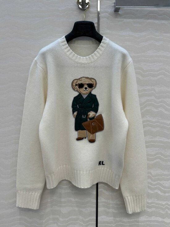 Polo Ralph Lauren Sweaters - Polo Ralph Lauren Cream White Fancy Trench Coat Bear Embroidery Crewneck Sweater